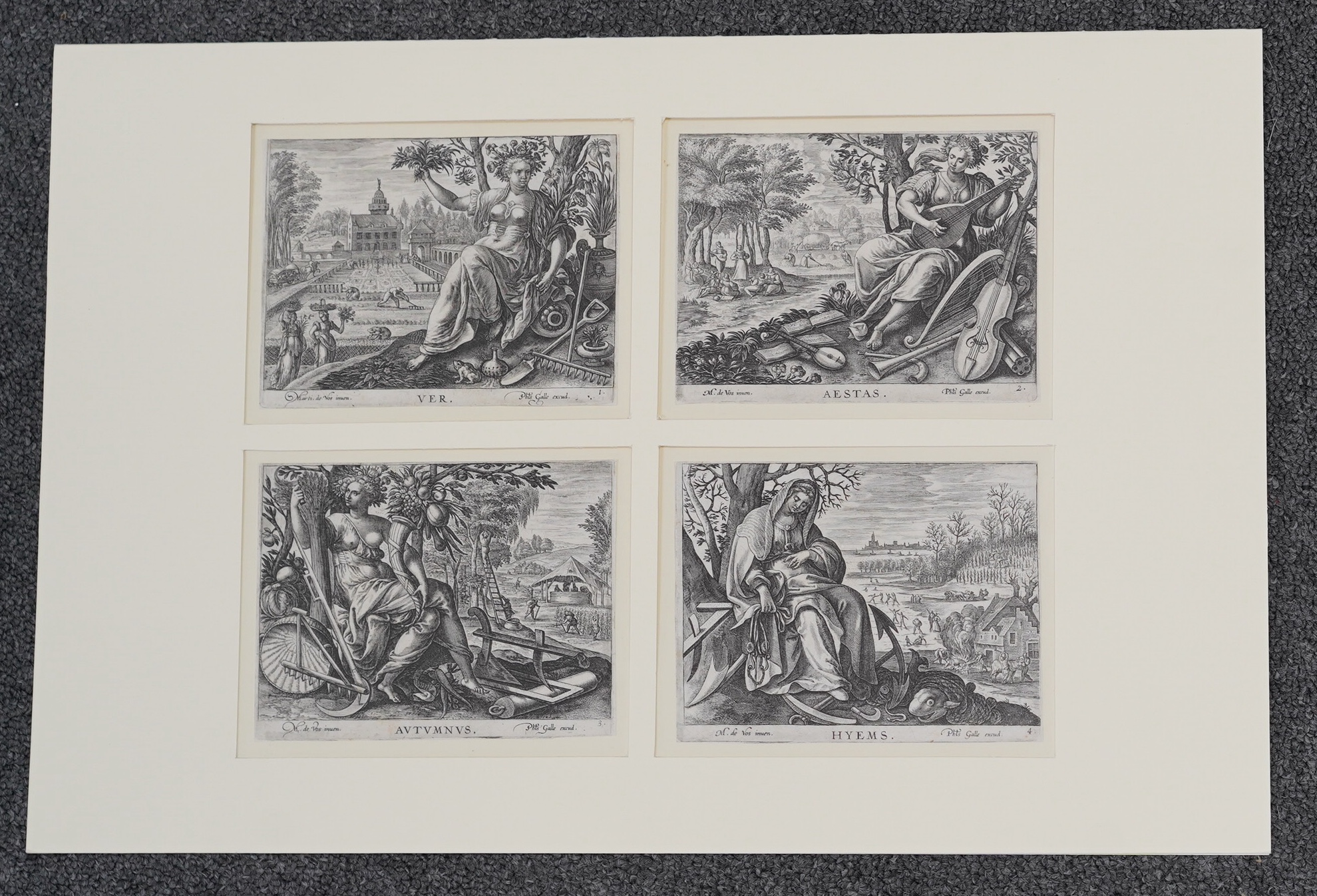 Maerten de Vos (Dutch, 1532-1603), The Four Seasons set of four engravings c.1590 Hollstein 1424 – 1427 1/iii, with Philip Galle’s address (1st or 2nd edition), Hyems (Winter) with Gothic P watermark, 9.6 x 13.2cm. Condi